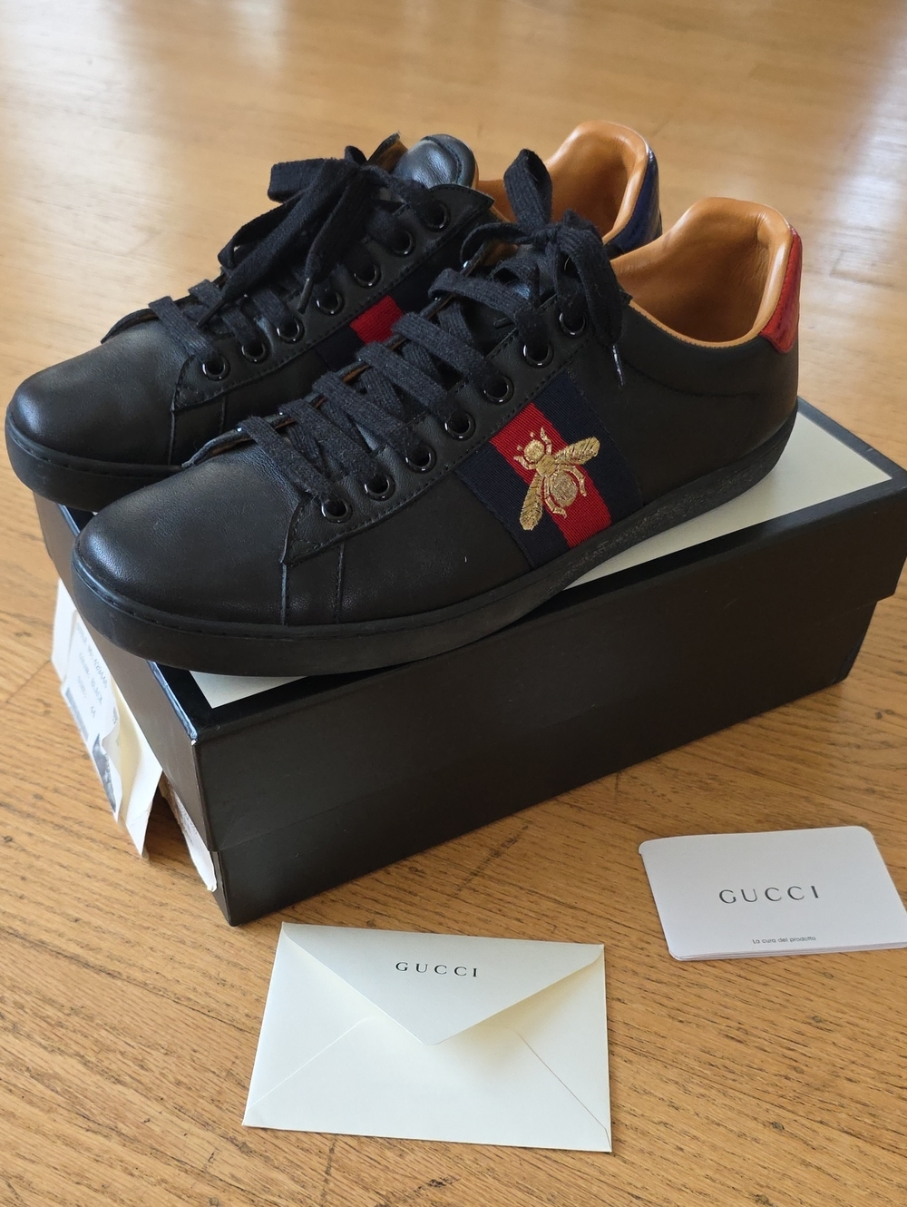 Gucci Black Leather Low-Top Sneakers with Red & Navy Web and Gold Bee